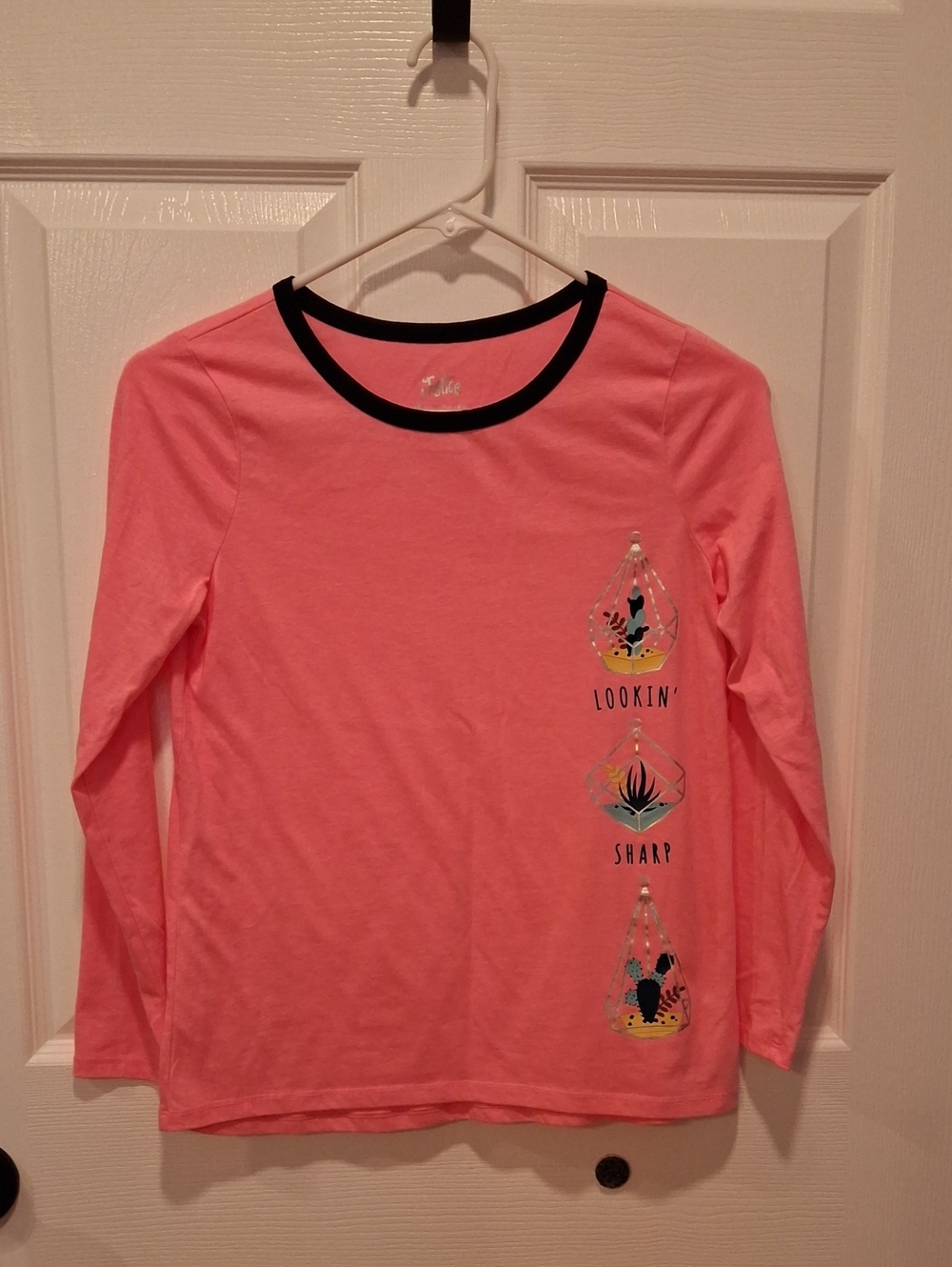 Justice Pink Long-Sleeve Graphic Tee with Black Trim. Size 12